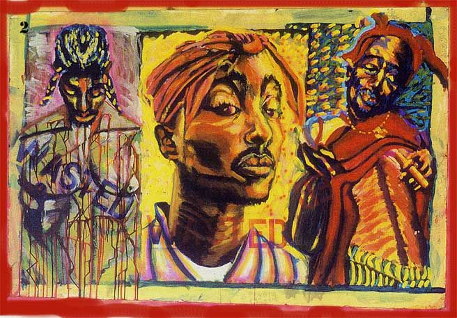 the painting of Tupac, comes alive and his head turns as he says,"ITS THE END OF THE ROAD AND YOUR GETTING OFF'T." All o...
