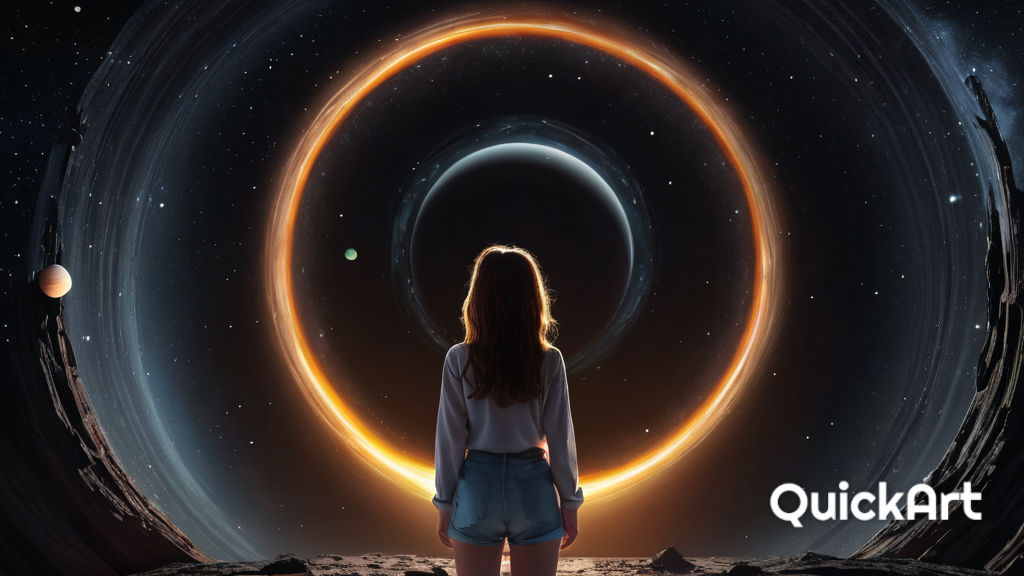 Create video of black hole with few rings of planets and stars? which rouyding around black hole. The girl is looking at that from a death p...