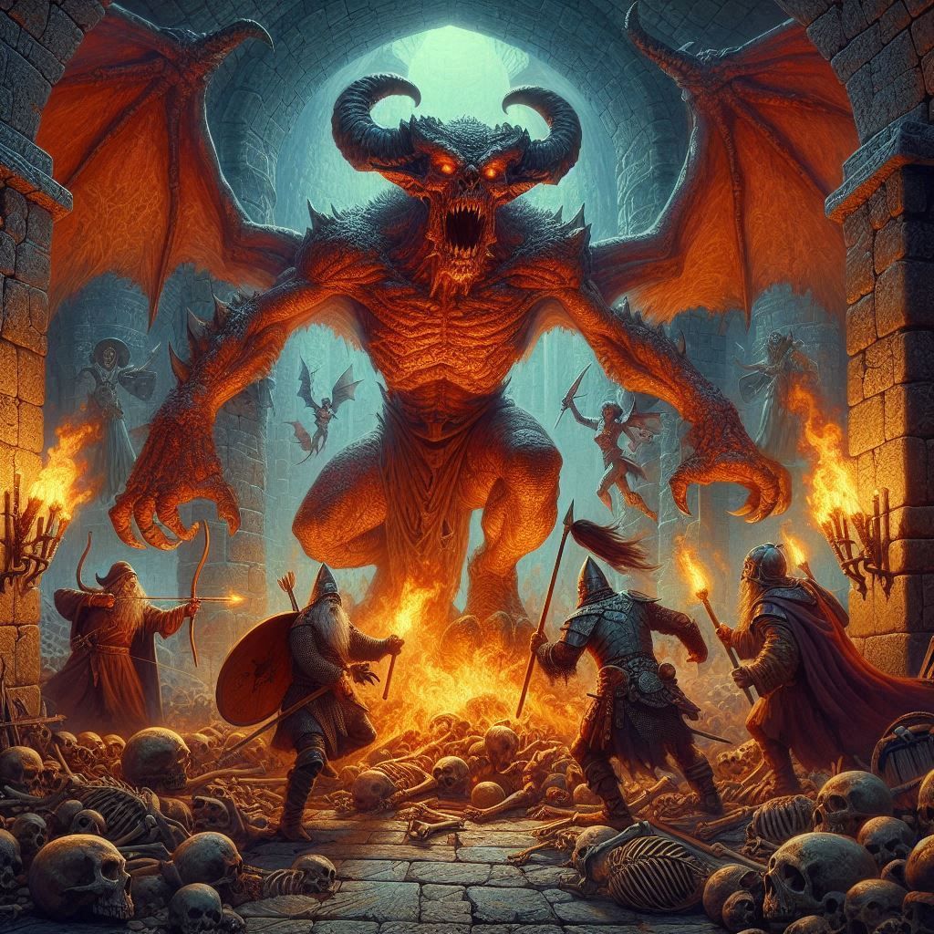 An intricate digital oil painting ofa stone dungeon, burning torches, armored travelers try to get past the demonic balrog wings spread wide...