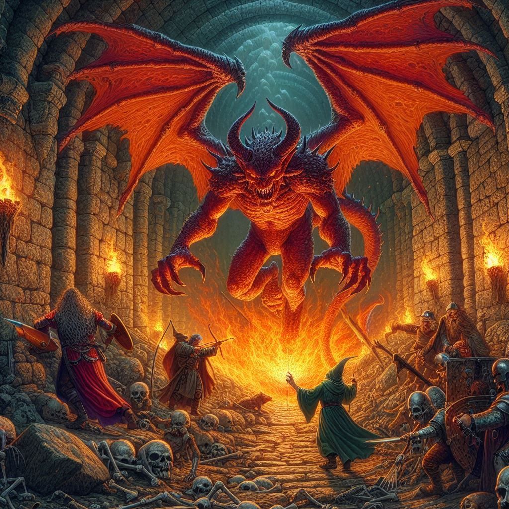 An intricate digital oil painting ofa stone dungeon, burning torches, armored travelers try to get past the demonic balrog wings spread wide...