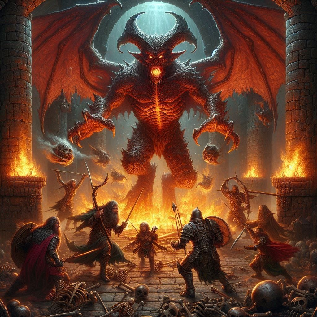 An intricate digital oil painting ofa stone dungeon, burning torches, armored travelers try to get past the demonic balrog wings spread wide...