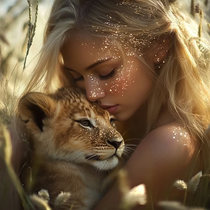 Woman hugging the lion cub.