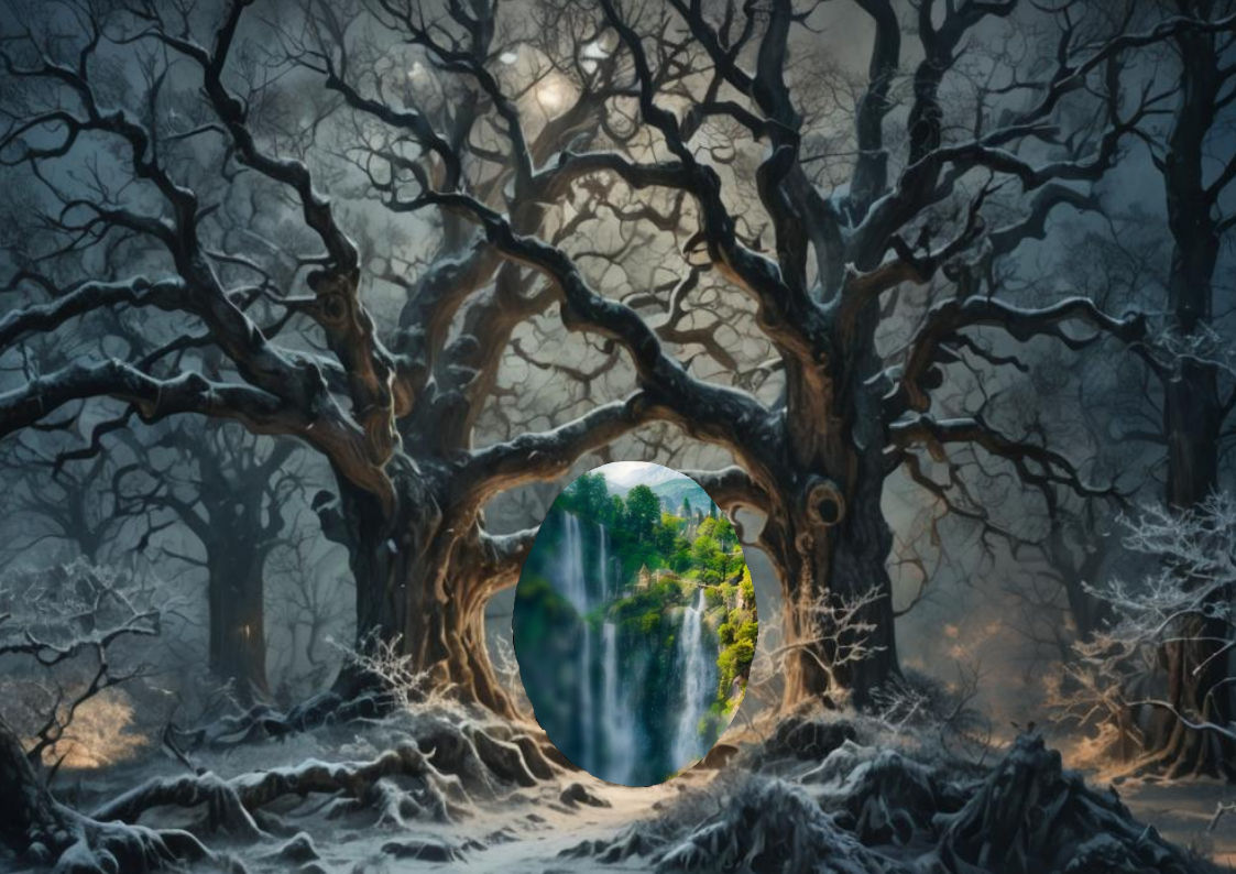 Vibrant oil painting with triadic colors. Medium shot. Two intertwined oak trees stand in a snowy temperate forest, their trunks framing a s...