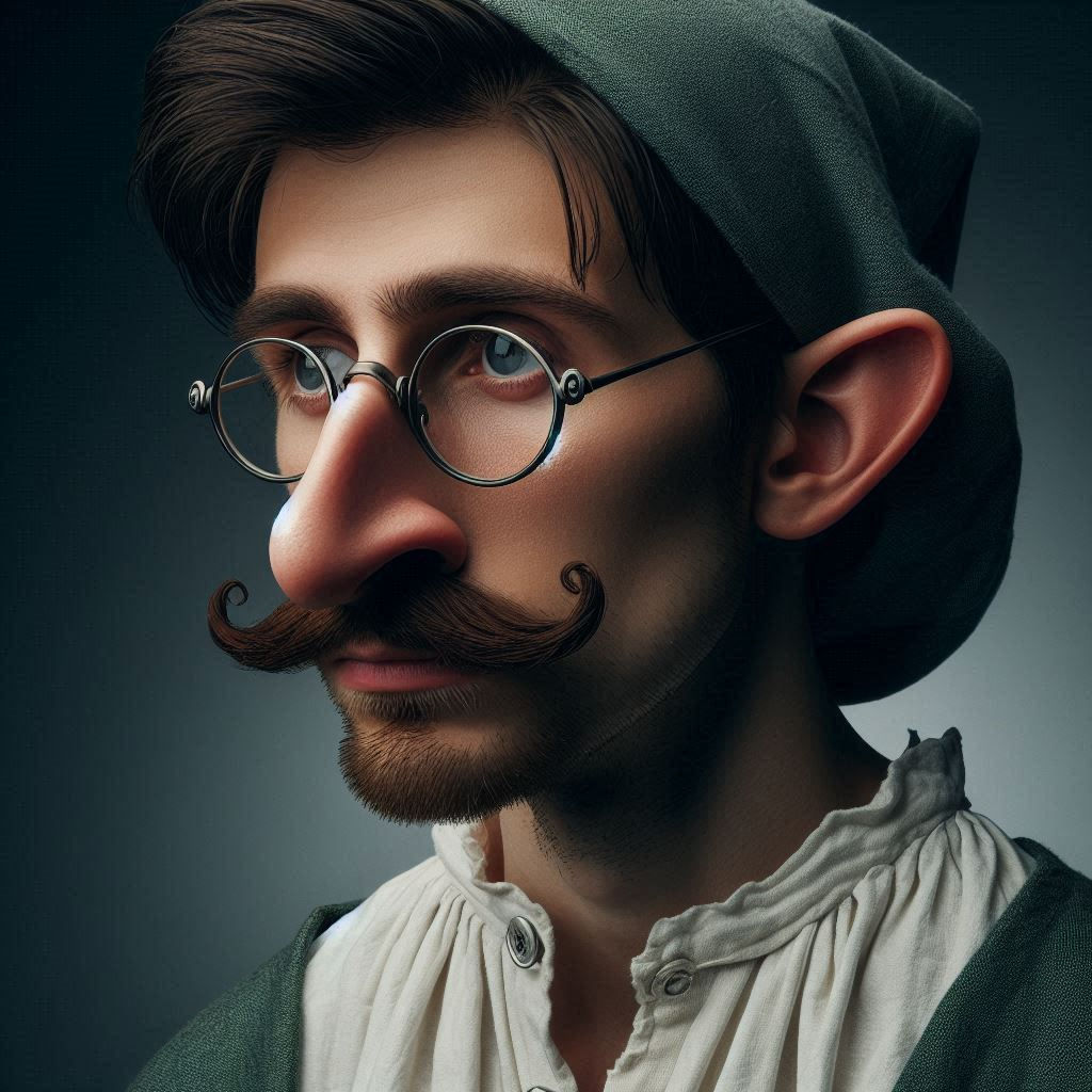 photographie hd couleur d'un homme européen de 30 ans gros nez, oreilles décollées, lunettes épaisses en métal gros bouton sur le nez sourci...