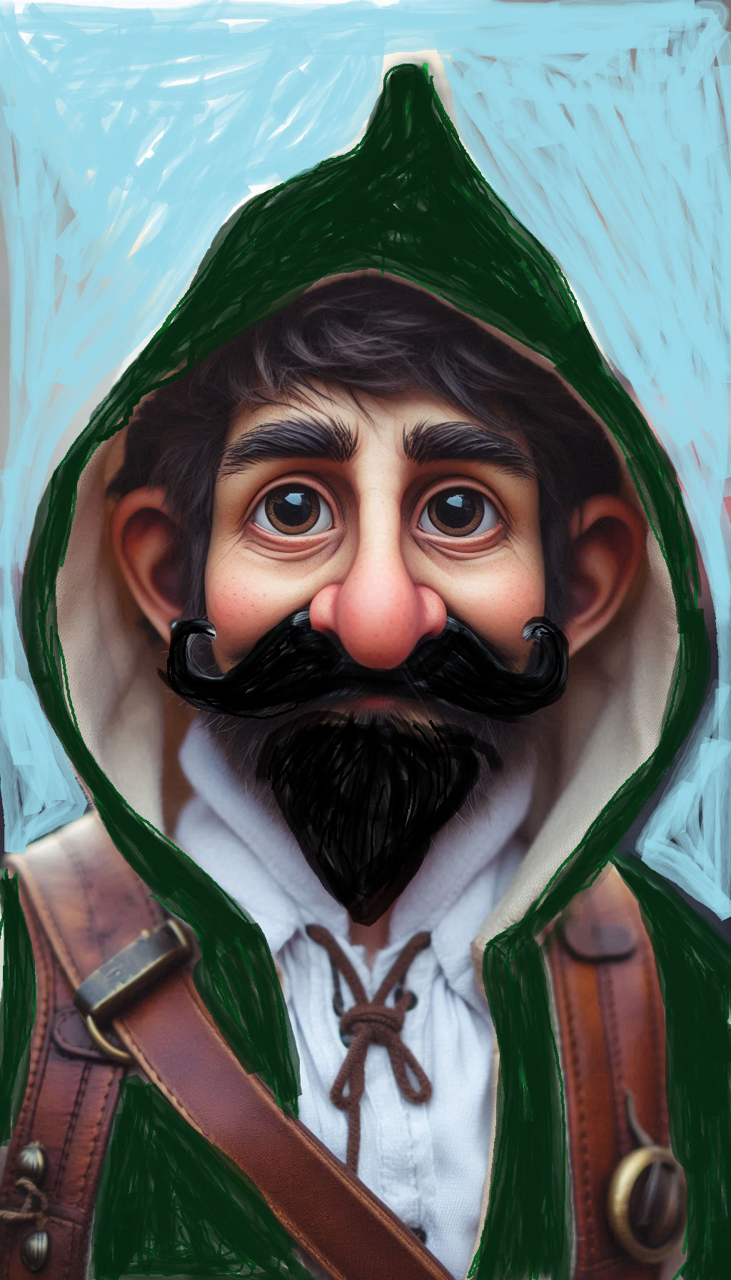 photographie hd couleur un gnome européen de 25 ans, moustache recourbée laid nez crochu, épais sourcils noirs, gros yeux noirs, oreilles dé...