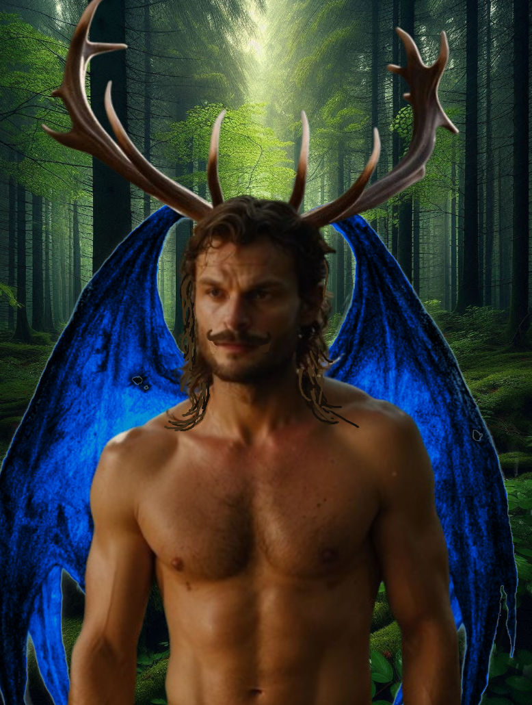 Cinematic film still. Medium shot. Jamie Dornan torso glabre cheveux longs, fine moustache recourbée, petite barbichette, dragons bois de ce...