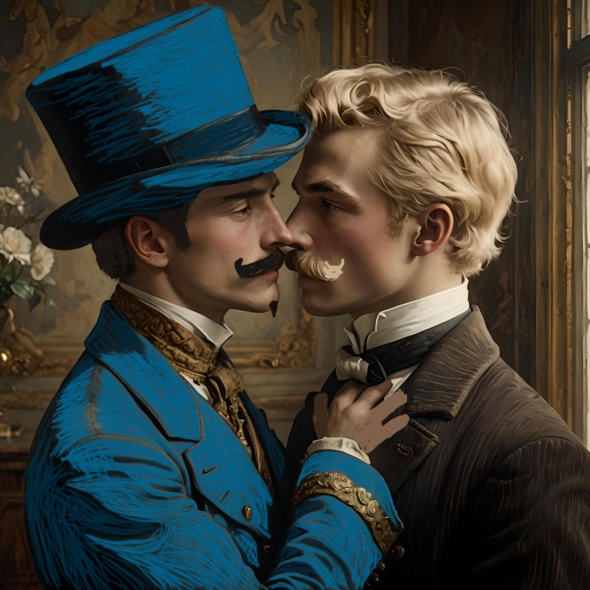 Deux jeunes hommes athlétiques de type scandinave, âgés de 20 ans, aux fines moustaches recourbées, l'un aux cheveux bruns et l'autre blond,...