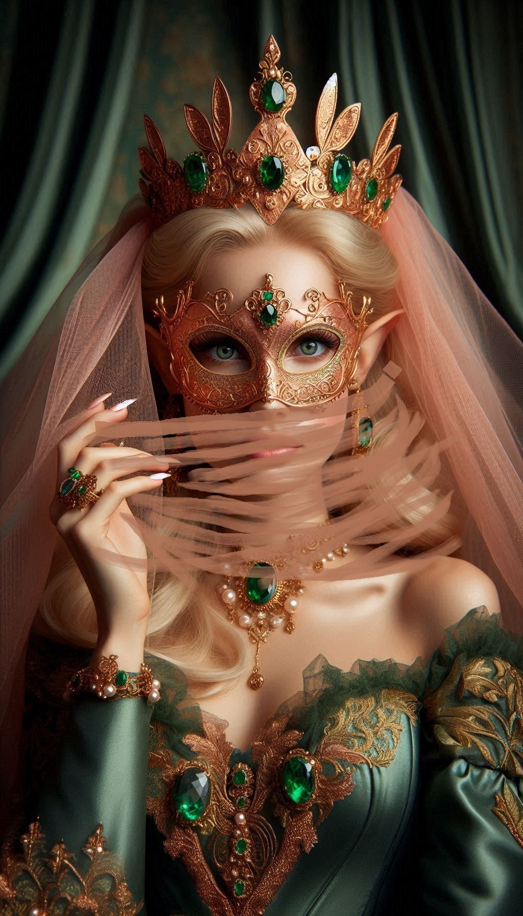 Photographie plan large hd couleur d'une très belle jeune femme elfe blonde, aux cheveux longs, elle porte une couronne d'or rose ornée d'ém...