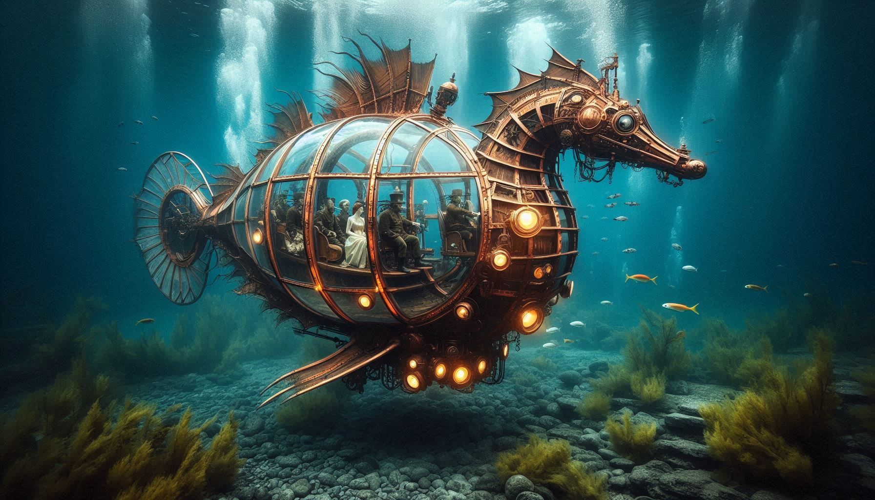 photographie HD couleur un gros submersible de loisir en forme d'hippocampe steampunk parois de verre et armature de cuivre. lumières allumé...