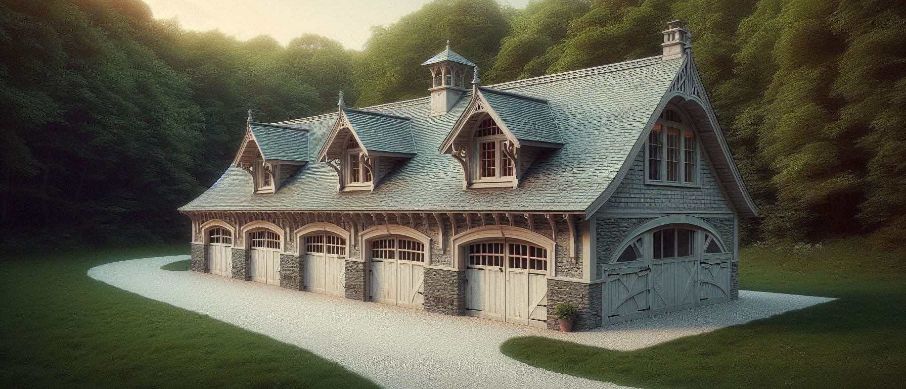 Photographie HD couleur une ancienne écurie transformée en garage automobile style second empire. bâtiment longs, 3 portes à double battant...