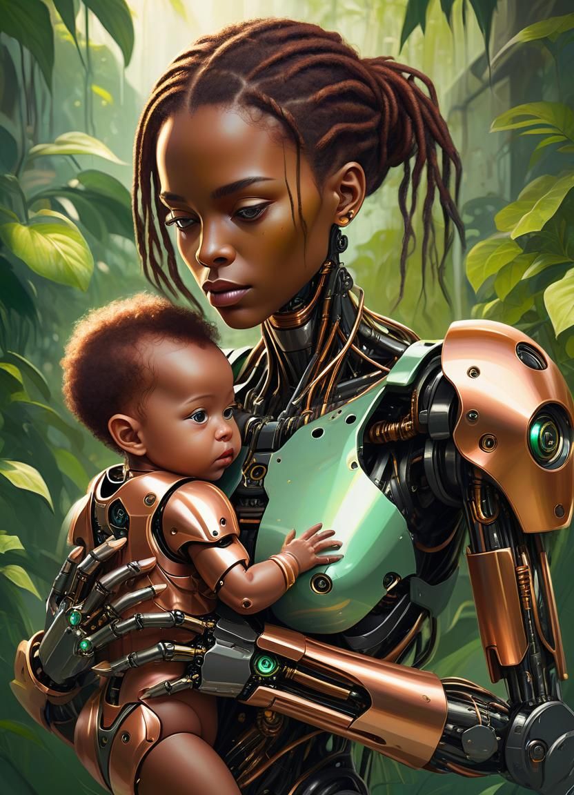 A female cyborg robot of Black descent.