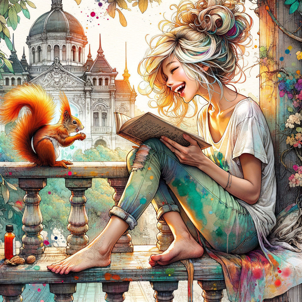 Jeune fille blonde sur la terrasse avec un écureuil By artist "anime", 3d anime art, inspired by WLOP, Artstation, #genshinimpact pixiv, ext...