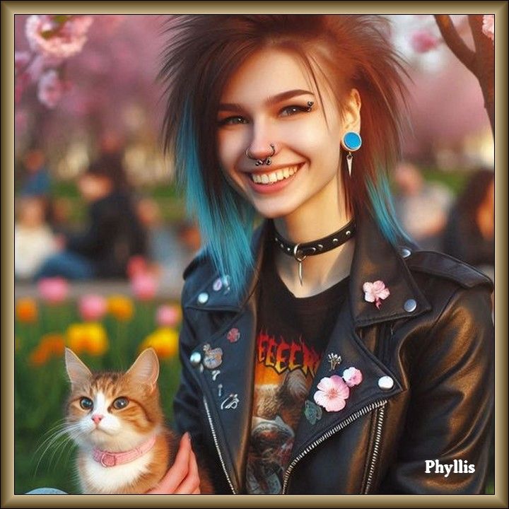 Jeune femme punk et son chat. 
