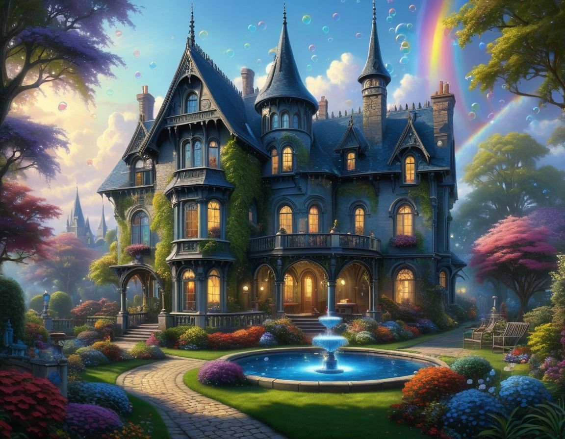 Beau château fenêtres éclairées et fontaine dans le parc oil painting by James Gurney