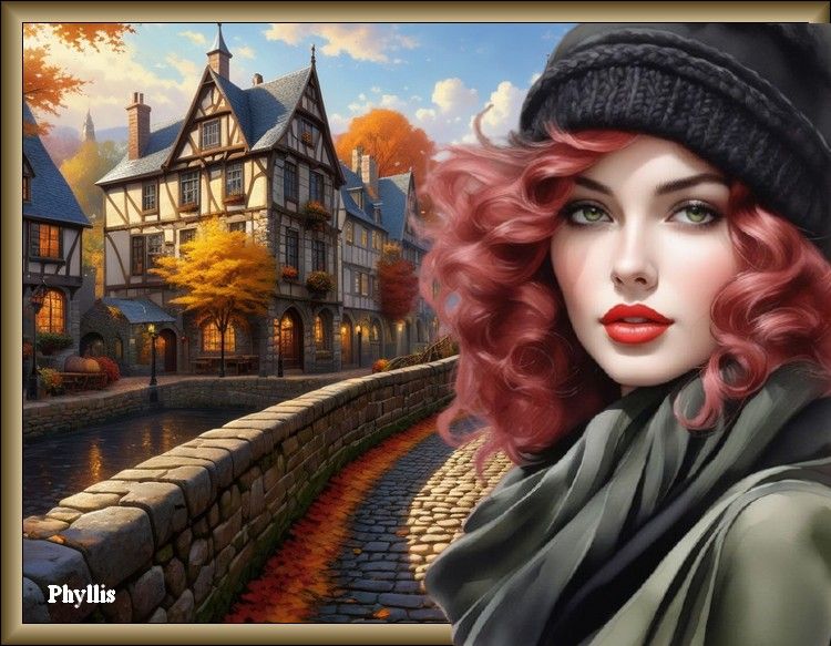 Femme aux cheveux roux, souriante, en automne.
