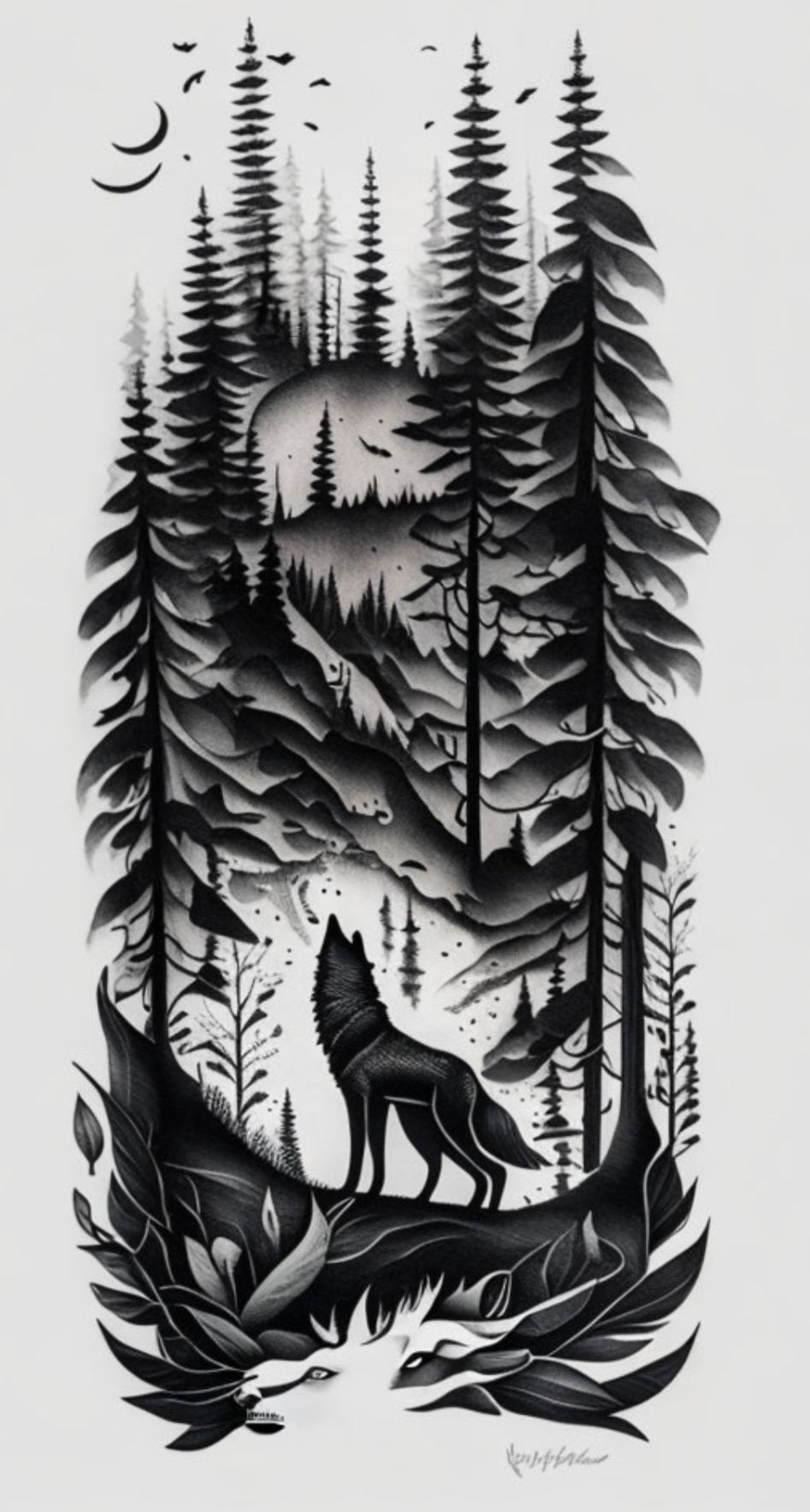 A tattoo of a wolf surrounded by a moonlit forrest