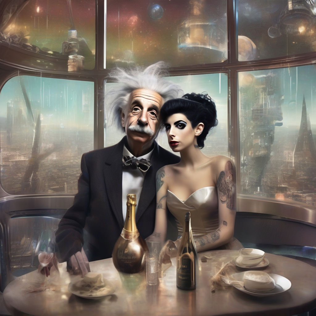 <crazy alternate hairstyle> Albert Einstein and Amy Winehouse share a bottle of champagne in a futuristic cafe with dystopian scenes