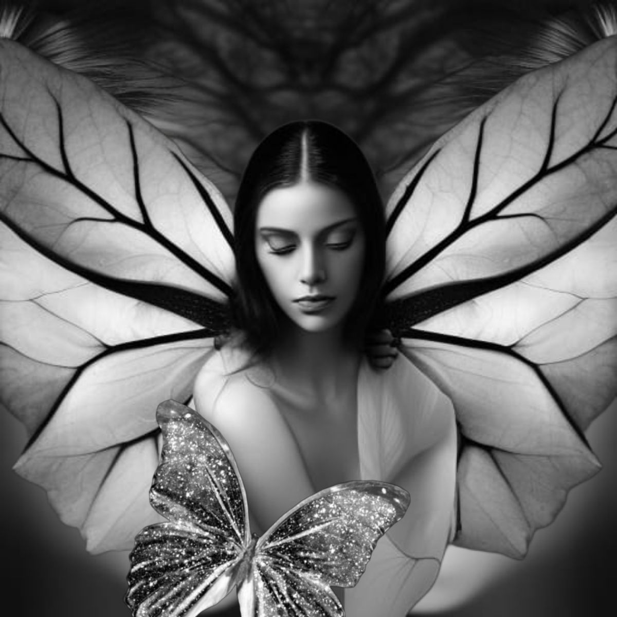Infrared black and white photography, Portrait of a fairy woman with Leaf butterfly wings attached to back , in a winter leaf less trees Cl...