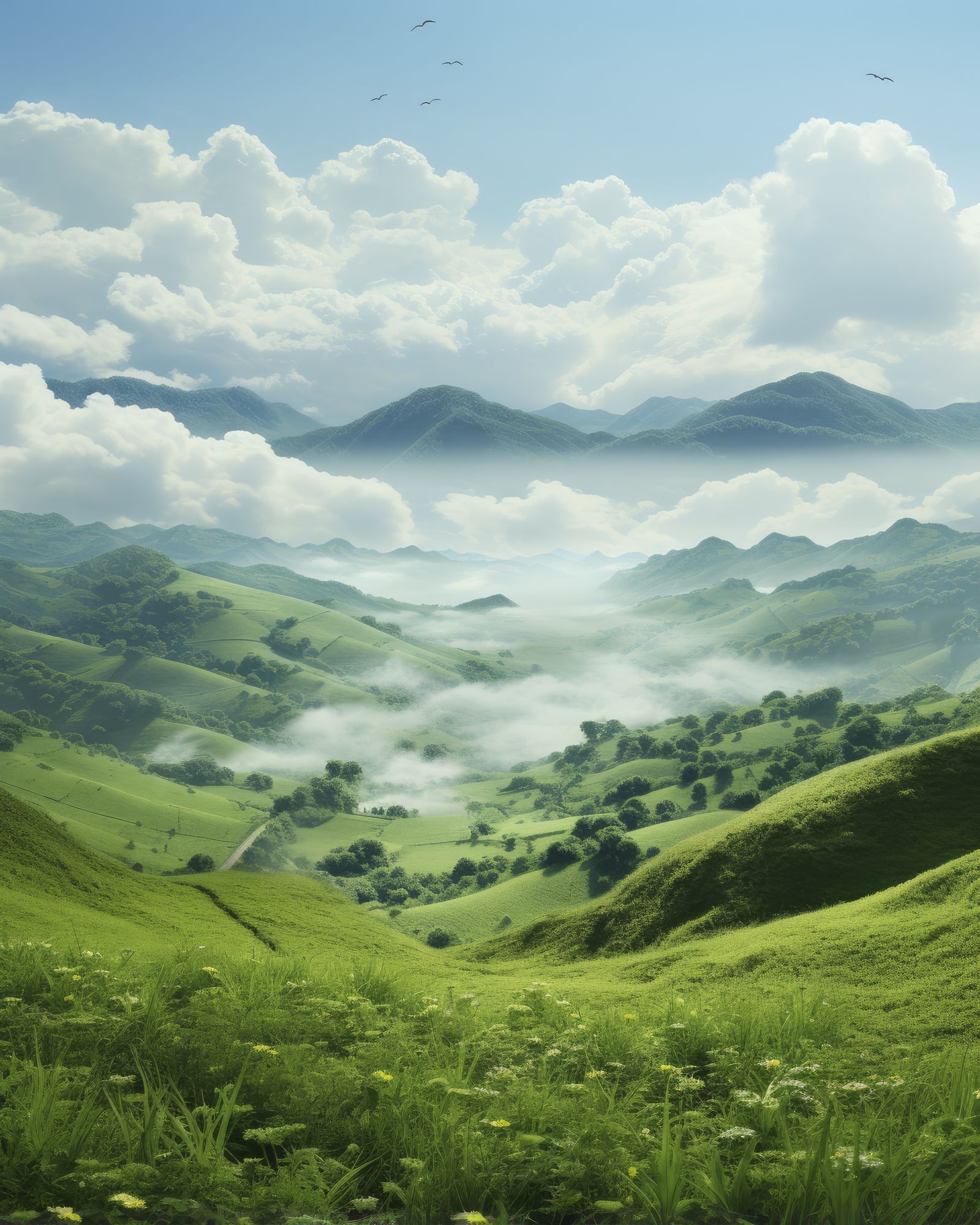 A bright and happy valley, full of neat vegetation, two butterflies, some birds
Small stream, space
Realistic style