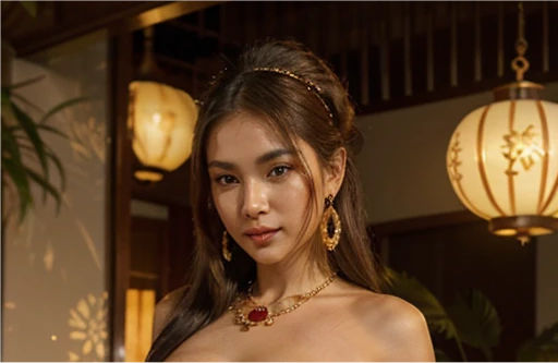 Uma jovem de aparência exótica está de pé na entrada de uma luxuosa loja de massagem tailandesa, cercada por uma decoração inspirada na cult...