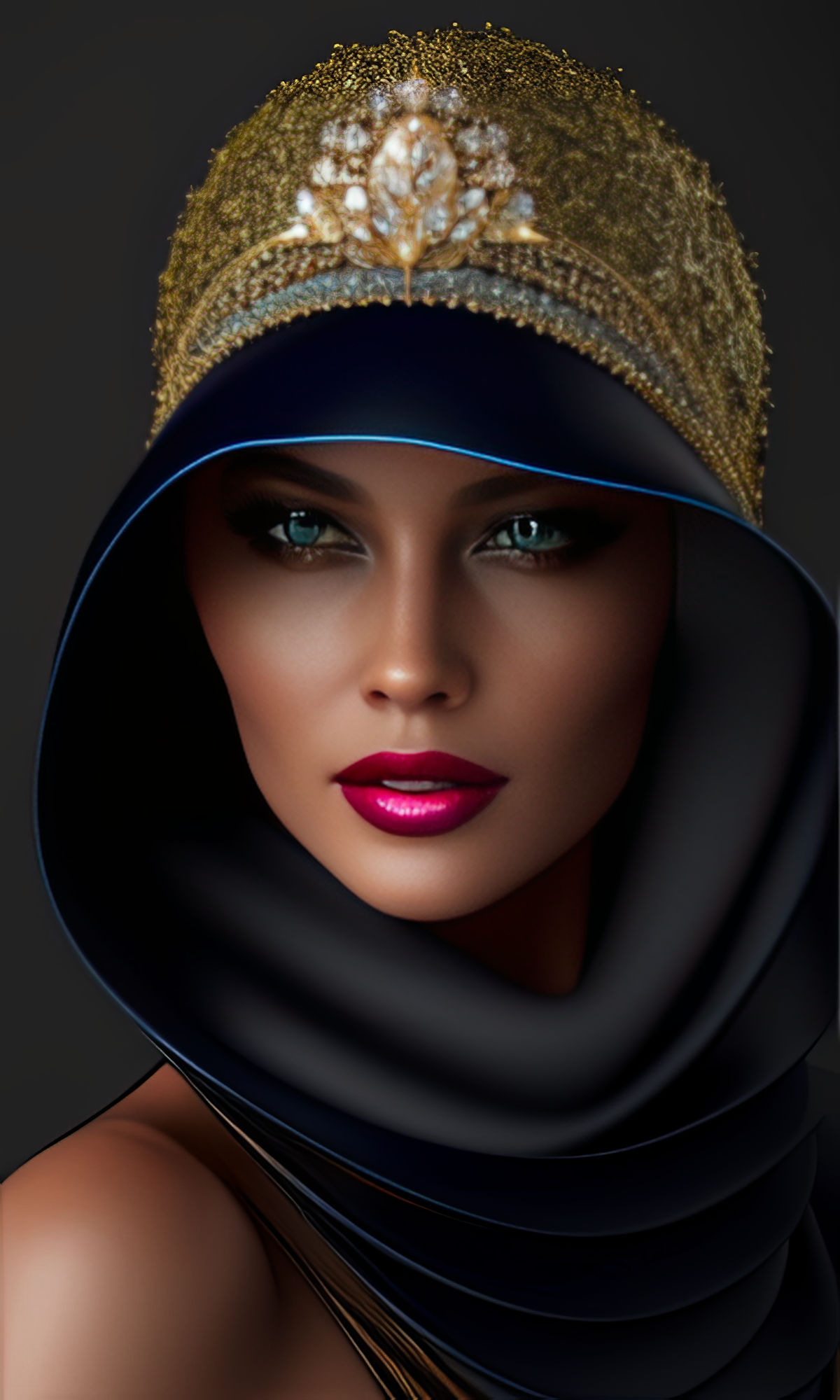 Hermosa mujer joven. retrato con manto de piedras brillantes y doradas joyas 