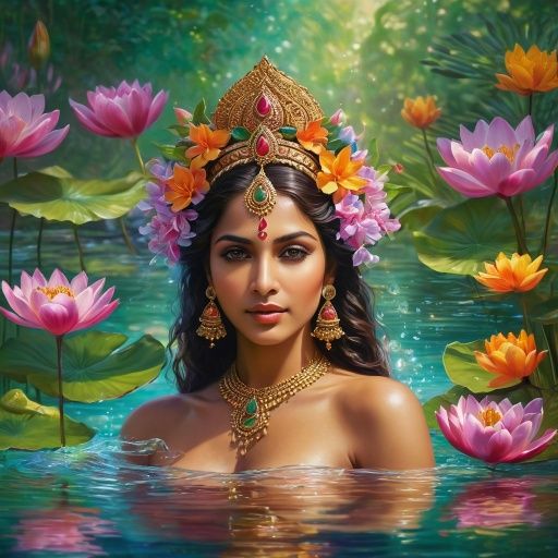 Estilo indio Una elegante diosa del agua flotante, su delicada figura está rodeada por un tranquilo jardín de etéreas flores acuáticas. Esto...