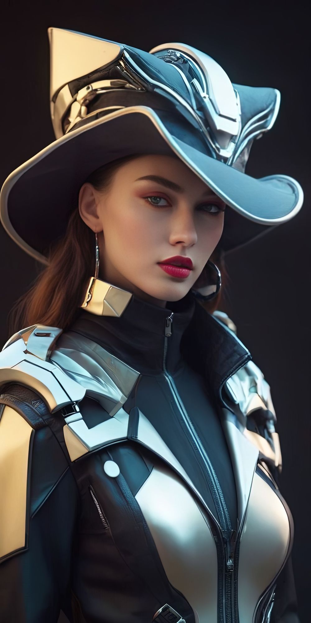 Exitosa mujer modelo de moda con largo peinado ondulado oscuro y labios rojos maquillaje usando sombrero de moda retrato de estudio de belle...