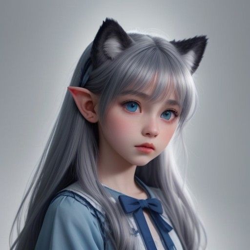 dark grey wolf ears, pale skin, rosy cheeks, light blue eyes, wolfish eyes, light blue bow in hair, pointed ears, small nose, cute
