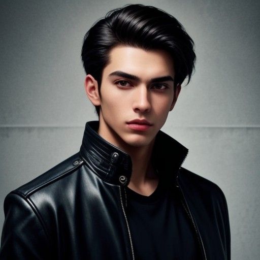 young man, teenage boy, clean, well groomed, handsome, sharp features, effortlessly cool, graphic tees, and a  leather jacket, giving off a...