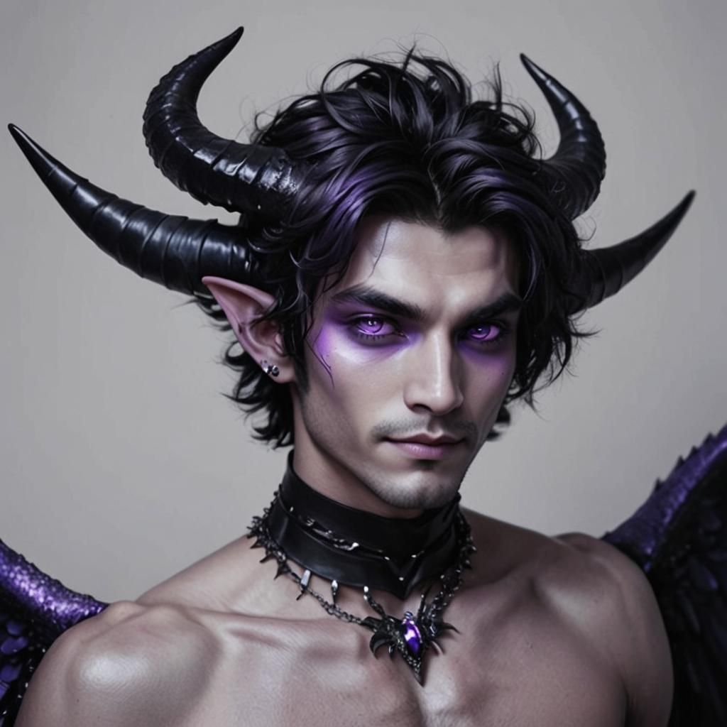 Dark hair, purple tint, tousled, glossy black horns, faint lavender eye markings, pointed ears, intense purple eyes, mystical aura, pale gre...