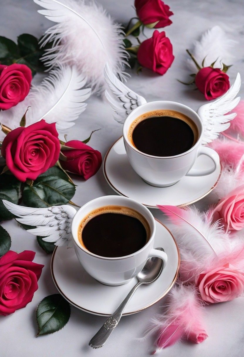 beautiful, aesthetic, two cups of Espresso, red roses, pink roses, angel feathers, angel wings, cozy, romantic 