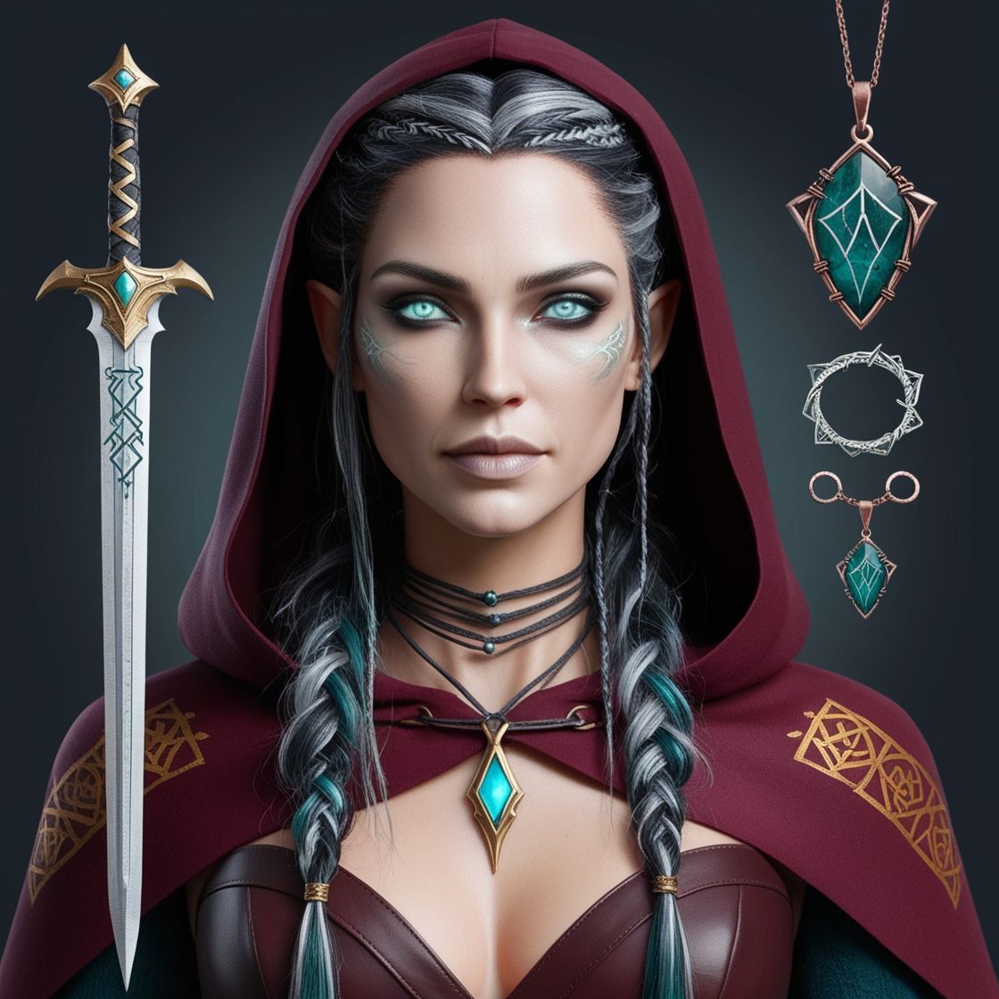 Face: Regal, sharp, high cheekbones, angular jawline, ashen undertone, ethereal beauty.
Eyes: Left eye teal and glowing, right eye stormy gr...