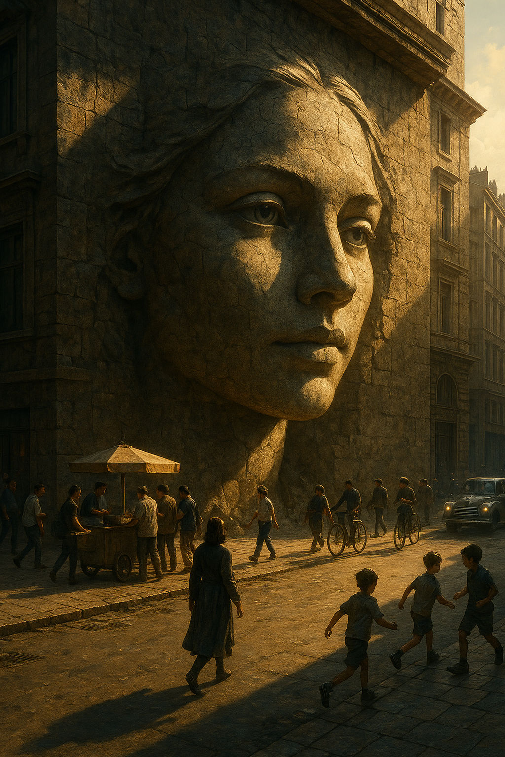 A surreal city scene where a woman’s face is seamlessly carved into the side of a massive stone building wall. Her expression is serene yet ...
