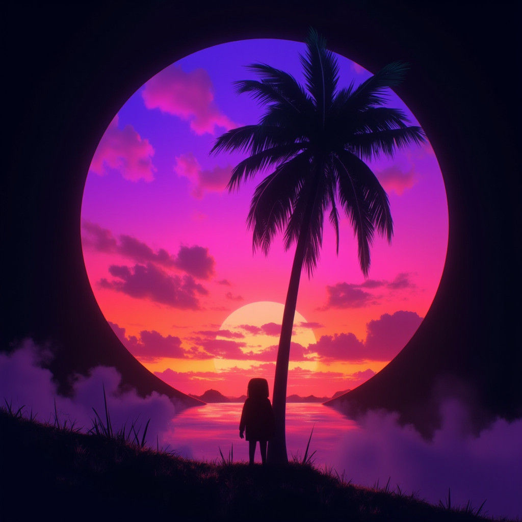 A retro 80s neon sunset with a silhouette of a palm tree, retro-futuristic colors of purple, orange, and pink, on a black background