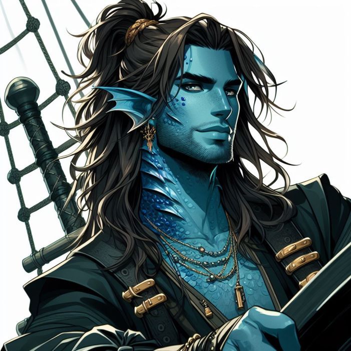 thief, elegant male with blue skin, yellow eyes, small glasses, shoulder long black hair