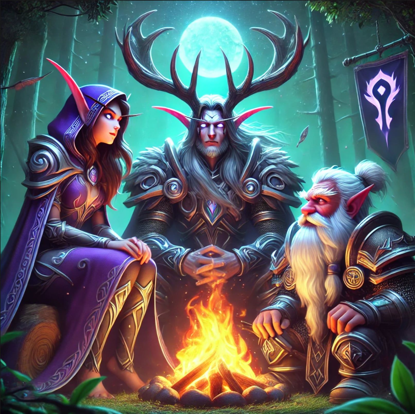 Dans l'univers de World of Warcraft, créées l'image suivante :

Trois aventuriers sont assis autour d'un feu de camp, dans la forêt, une nui...