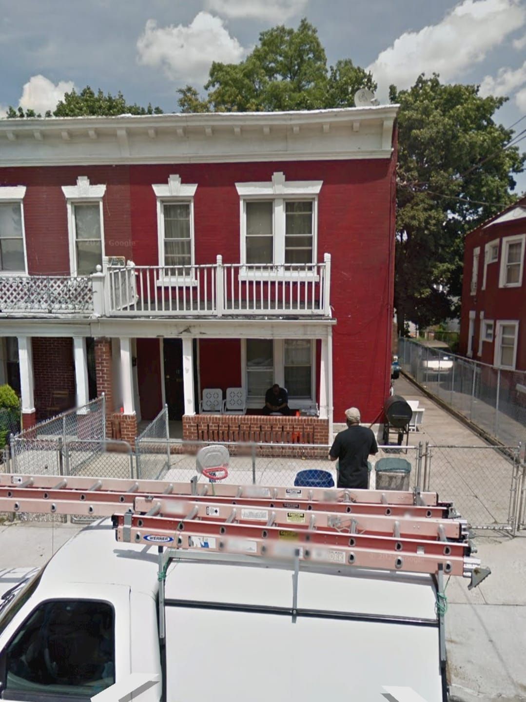 Pixel art scene of dilapidated red brick townhouse, Jamaica Queens, Queens New York, gloomy, 111 in pixel style graffiti over the image