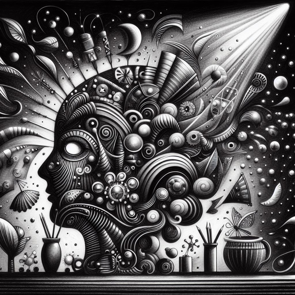 surreal child's drawing , rayograph Man Ray collection of random b&W objects, light reflecting, things laid on photo paper light, developed....