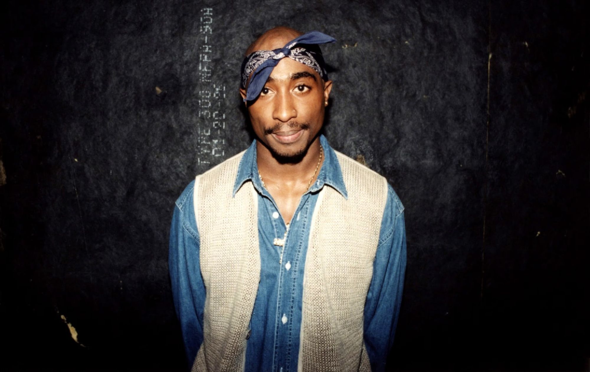 Make this picture of Tupac a Smurf with a white Smurf hat on and very tall and muscular and make hes face a Smurf but leave hes headband on...