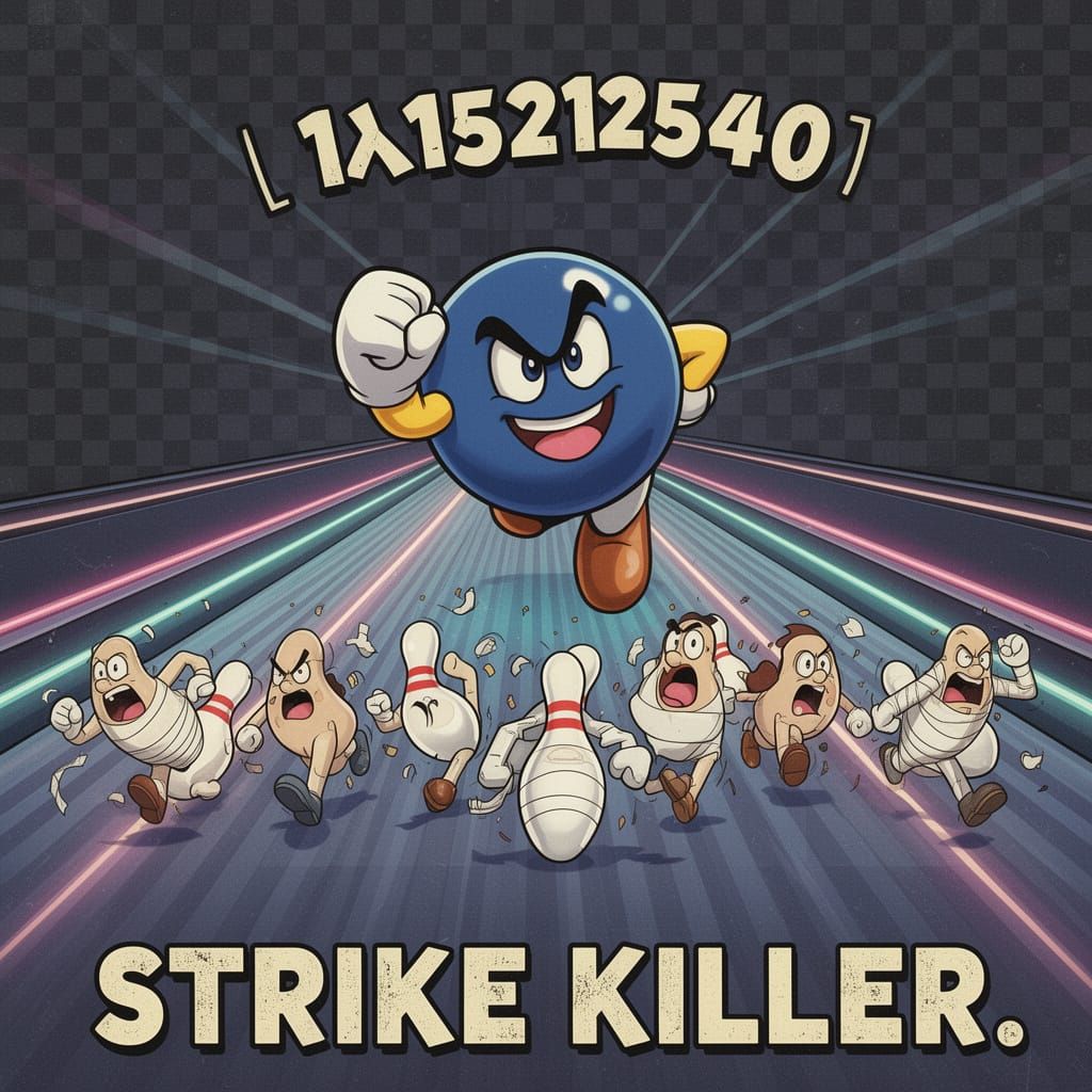 Cartoon-style illustration of a bowling alley where the bowling ball is transformed into Bullet Bill, shown from a low angle behind perspect...