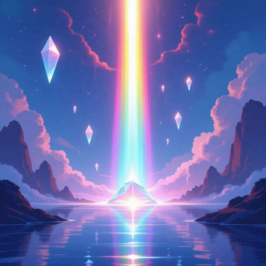A powerful beam of white light shines from the heavens into a floating crystal prism