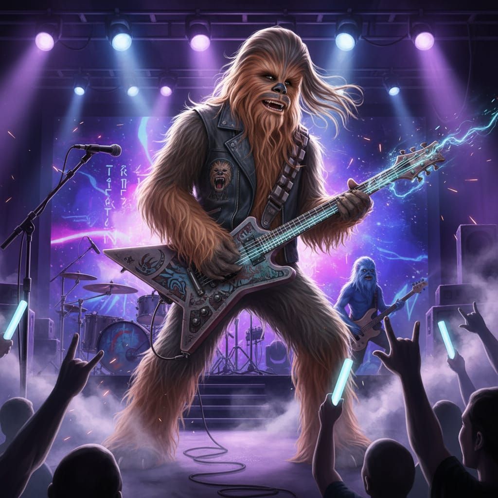 Chewbacca Rocking out playing an electric guitar