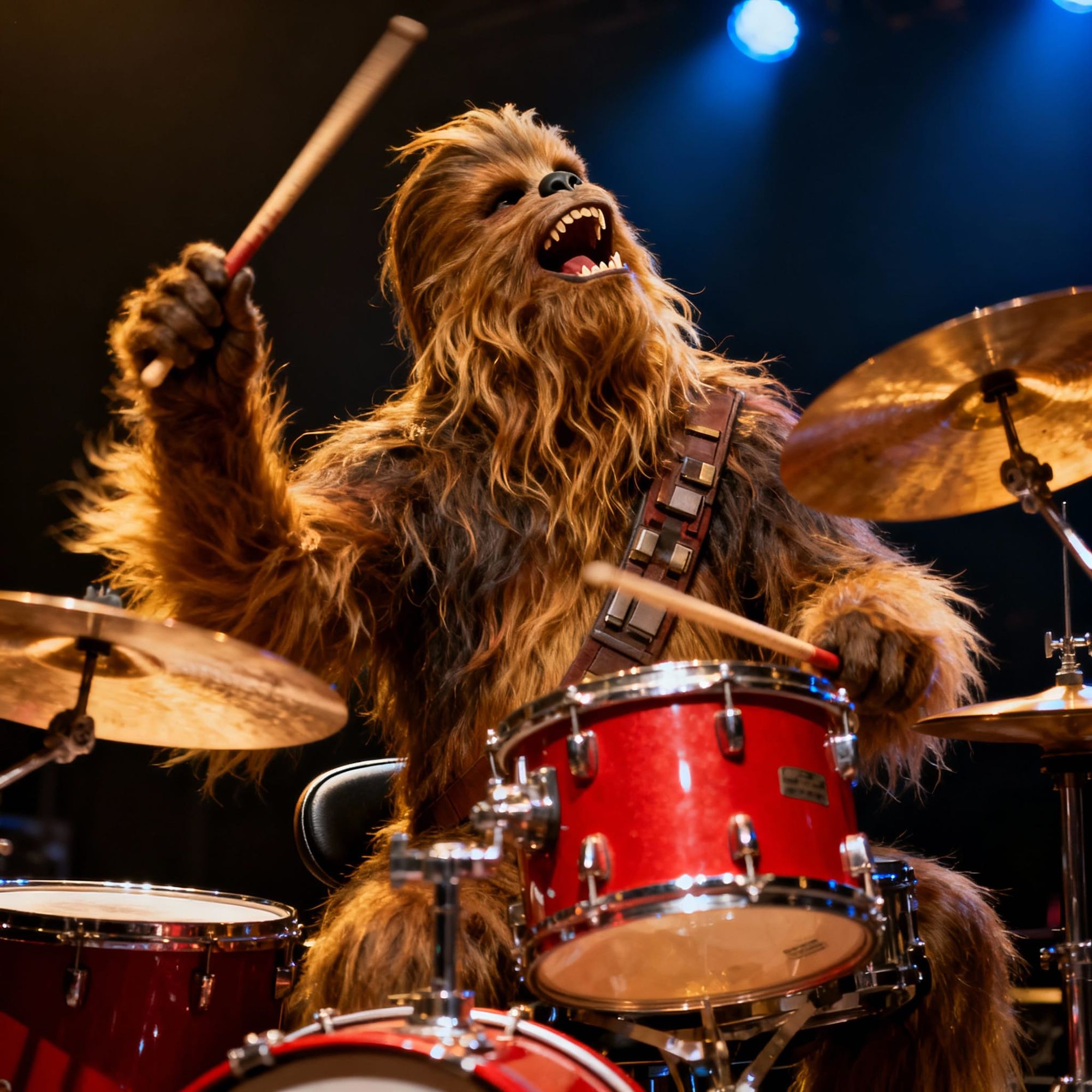 Chewbacca Rocking out playing the drums with enthusiasm 