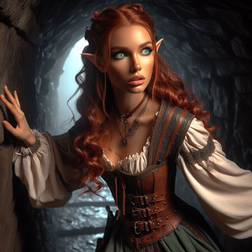 cute lady hobbit. green eyes, copper long hairs wearing a medieval dress and leather corset. exploring a dark dungeon. realistic air-brush s...