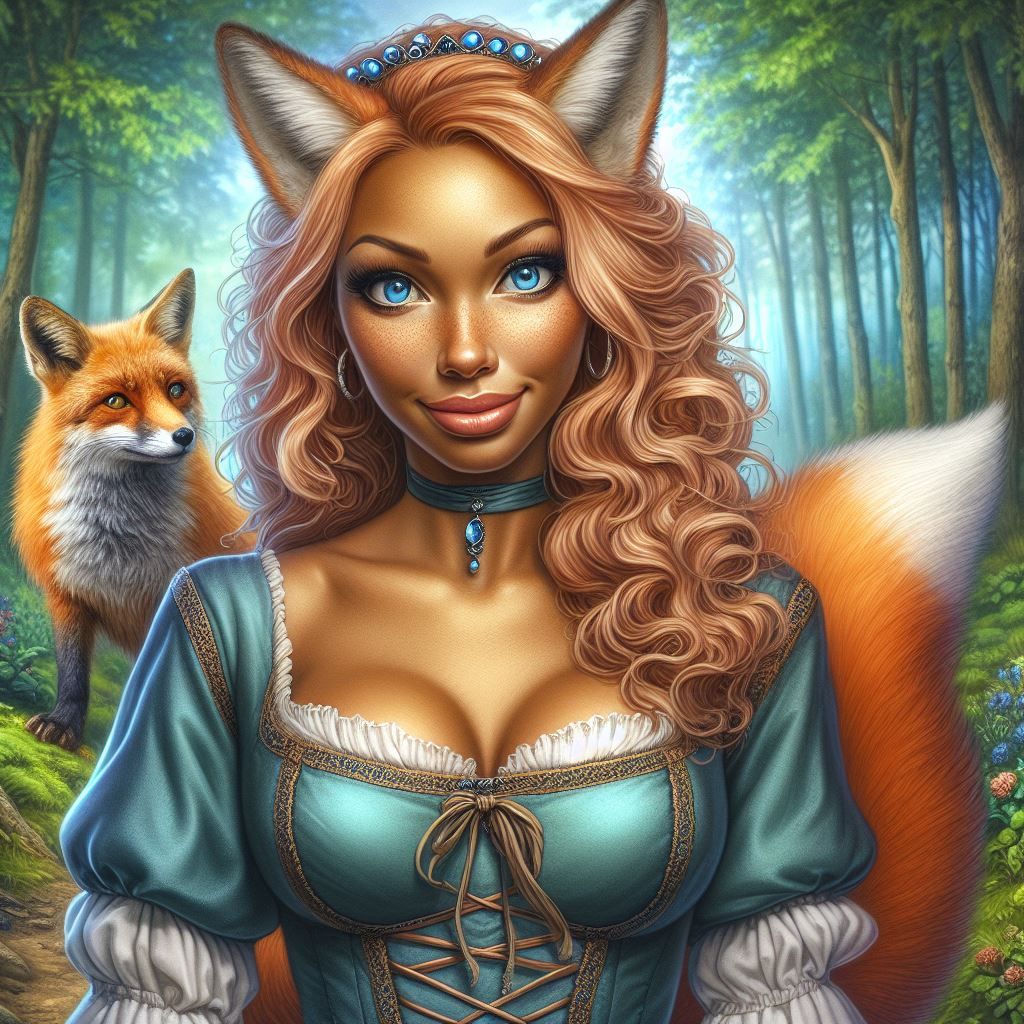 A fox woman in a friendly charming attitude. wearing a medieval dress. air-brush by luis royo. in a medieval enchanted forest.