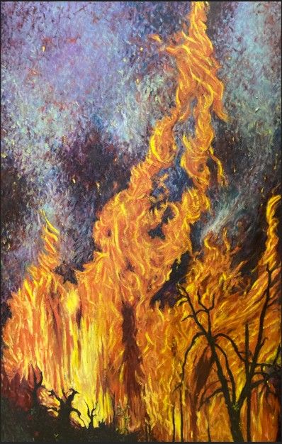 "A mystical, dreamlike scene with fire rising in a swirling blue, mauve, and purple sky, reminiscent of Van Gogh’s painterly brushstrokes. W...
