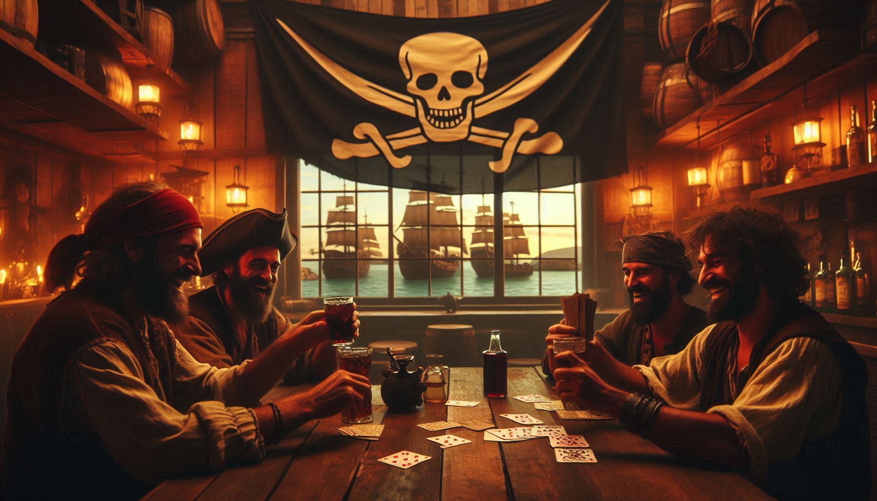 Pirate-themed tavern Medium shot. Grog-filled pirates laughing and playing cards in a dimly lit bar on Tortuga Island. Low-angle shot. . Pir...