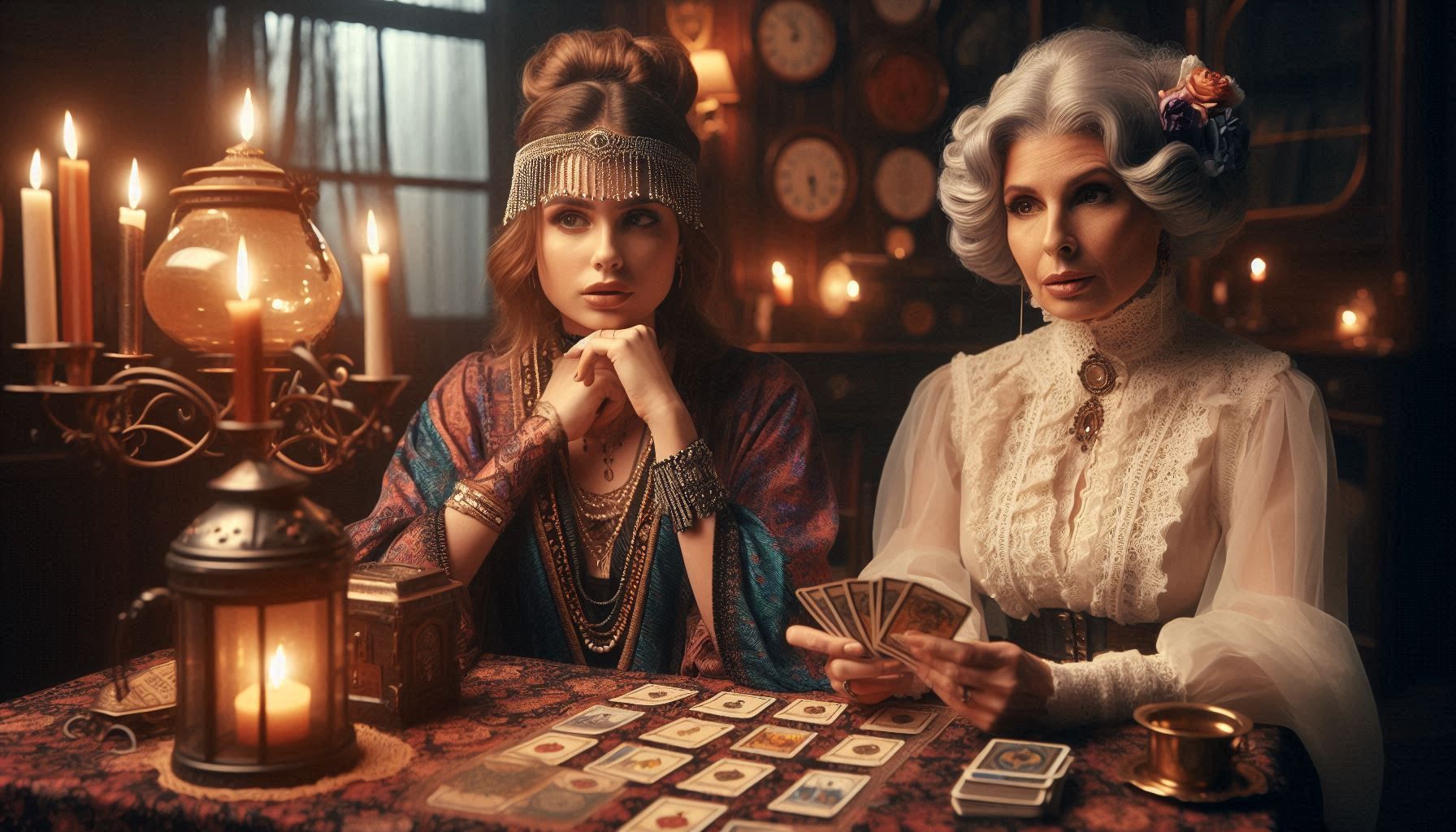 A beautiful gypsy woman Tarot card fortune teller, with his typical clothing, a headscarf, and a diadem, is sitting in front of a mature wom...