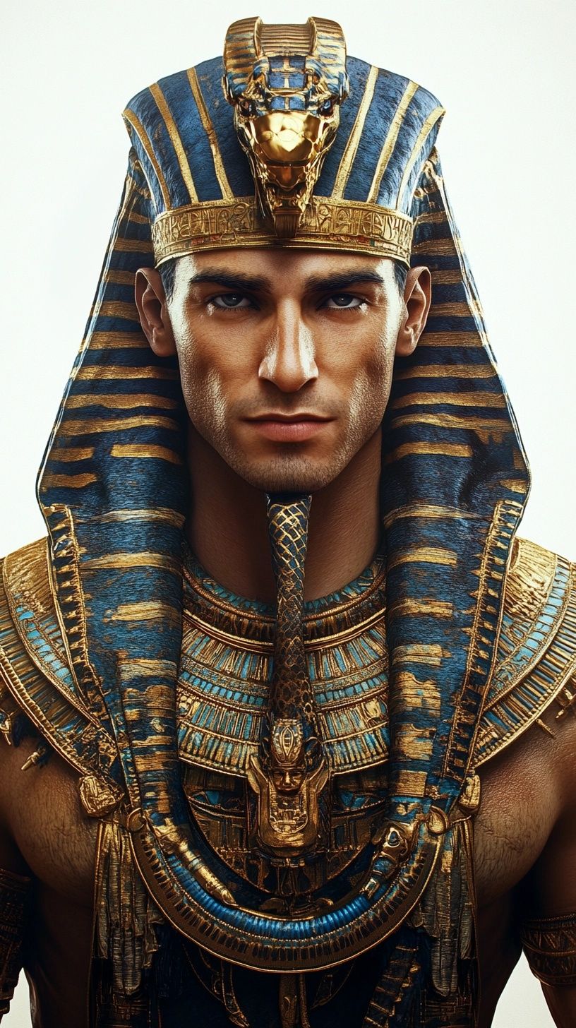 An ancient Egyptian pharaon depicted wearing a traditional Egyptian headdress (nemes) adorned with a golden cobra at the front. His garments...