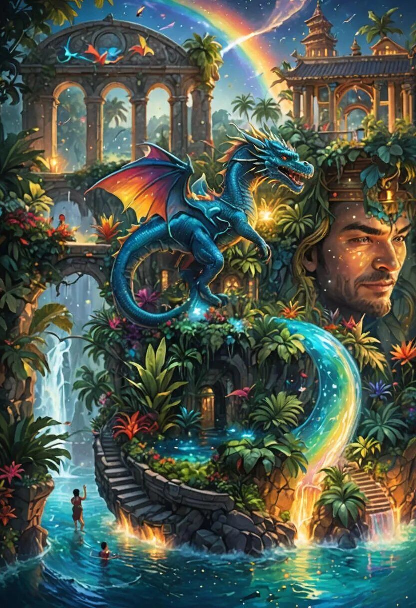 Photorealistic Magical dragon island in paradise at night with beautiful stars and a beach and tiki torches and lights and beautiful faces a...